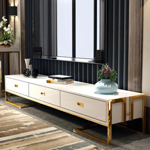 Tempered glass surface 3 drawers stainless steel frame TV stand - Image 2