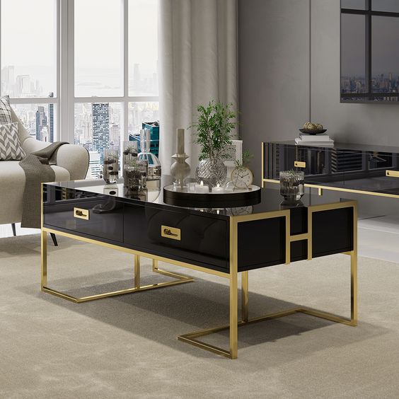 Modern Coffee Table with gold frame - Image 2